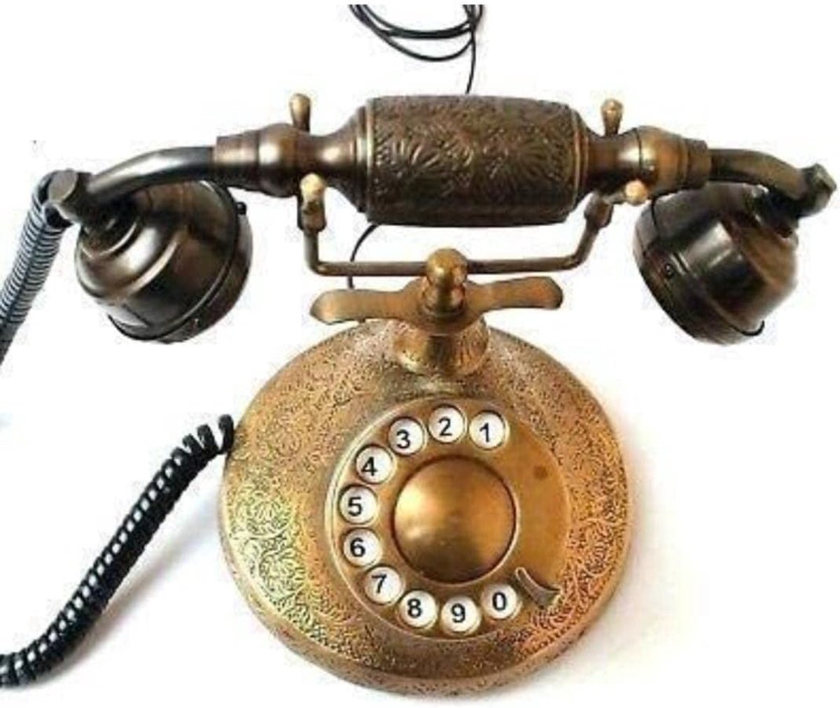 roterende telefoon, antiek messing afwerking, decoratieve vaste telefoon met sierlijke metalen basis, roterende wijzerplaat ontwerp