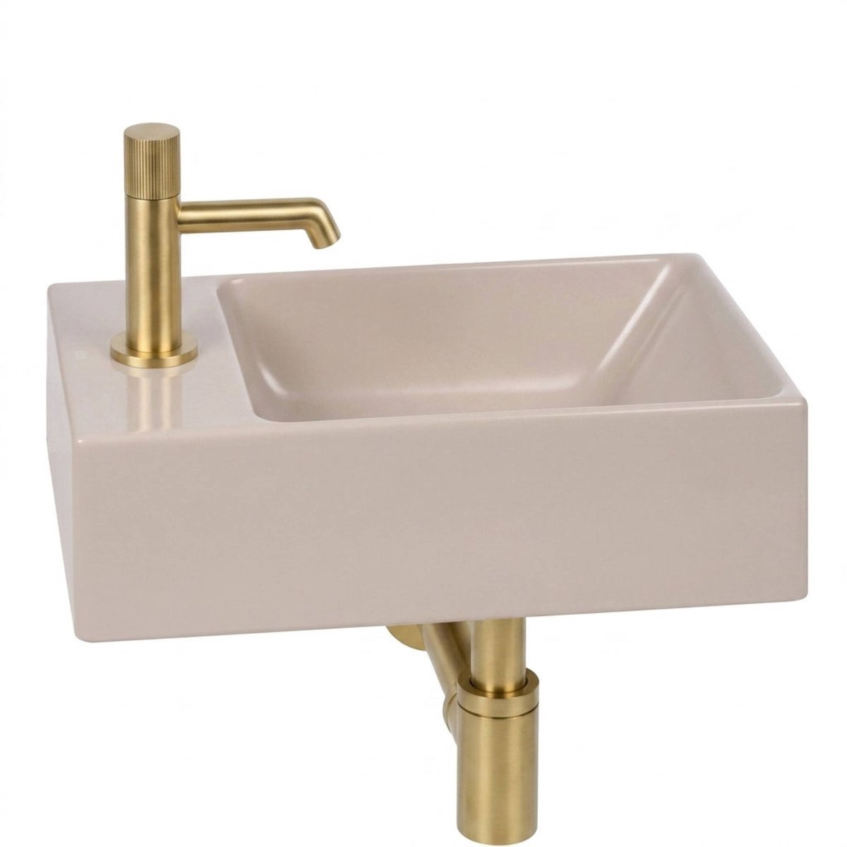 Ben Stelvio fonteinset mat beige keramiek incl. Engraved Line geborsteld messing kraan links