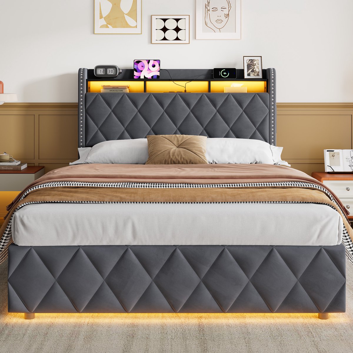 MEUNIQ bedframe 140 x 200 cm met hydraulische opbergruimte, ledverlichting en laadstation met 2 stopcontacten en 2 USB-poorten voor de slaapkamer, donkergrijs