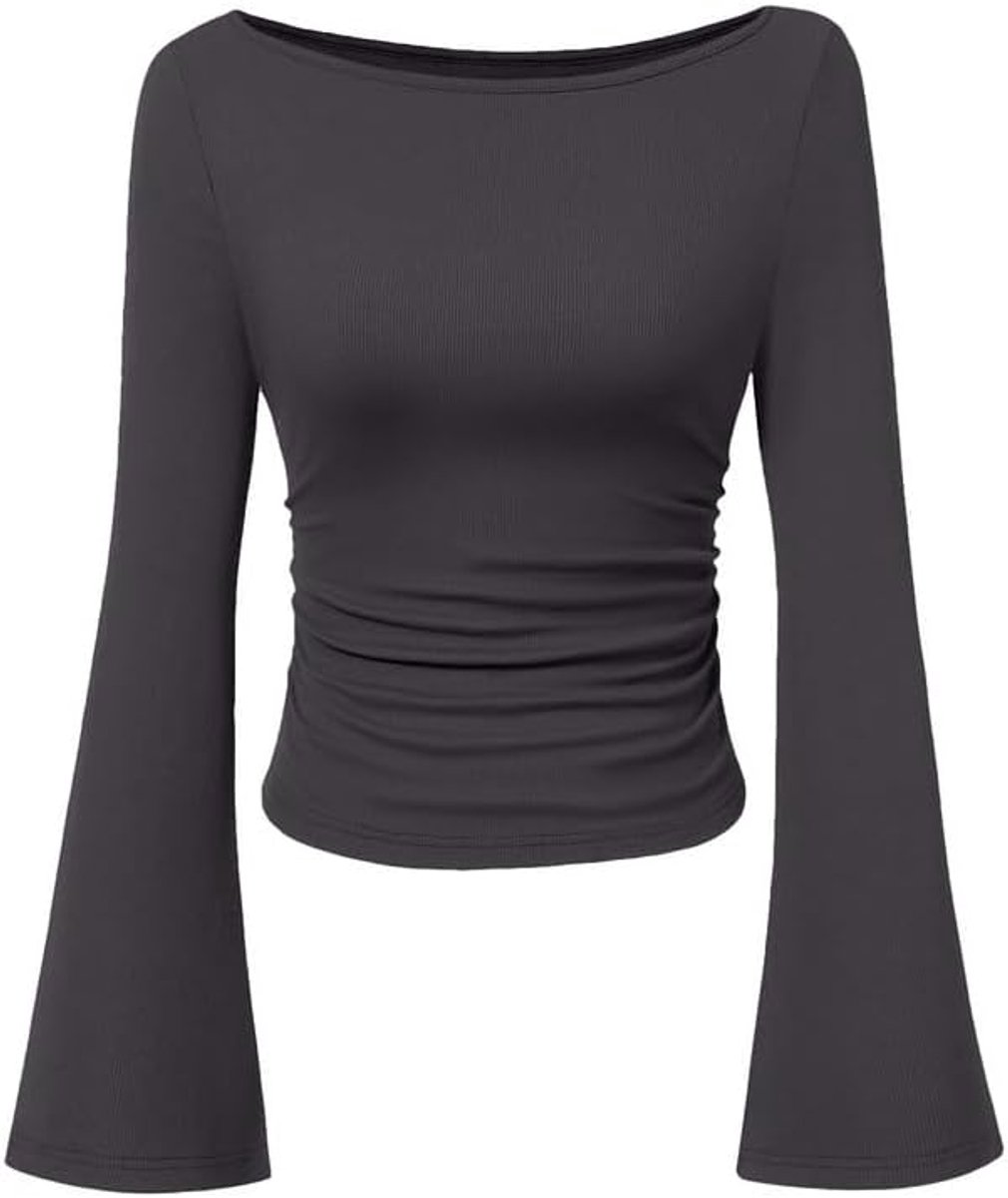 Shirt met lange mouwen voor dames, elegant, boothals, gebreid bovendeel met klokmouwen, nauwsluitend, Y2K top, basic casual pullover, slim fit, lange mouwen, T-shirt, effen, lange mouwen