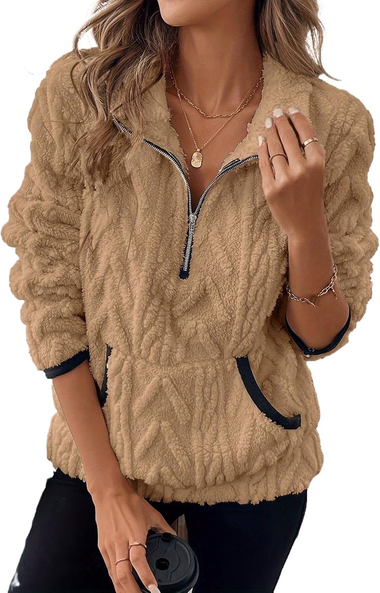 Fleecepullover voor dames, jacquard jas met hoge kraag, fleece, sweatshirt, herfst, winter, sweatshirt met ritssluiting en zakken
