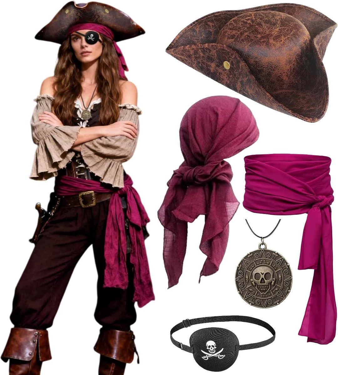 kasahara Piratenhoed, piratenkostuum, accessoireset, piratenhoofddoek, tailleriem, oogklep, halsketting, middeleeuwse piratenoutfit, accessoires voor Halloween, carnaval, festival, themafeest