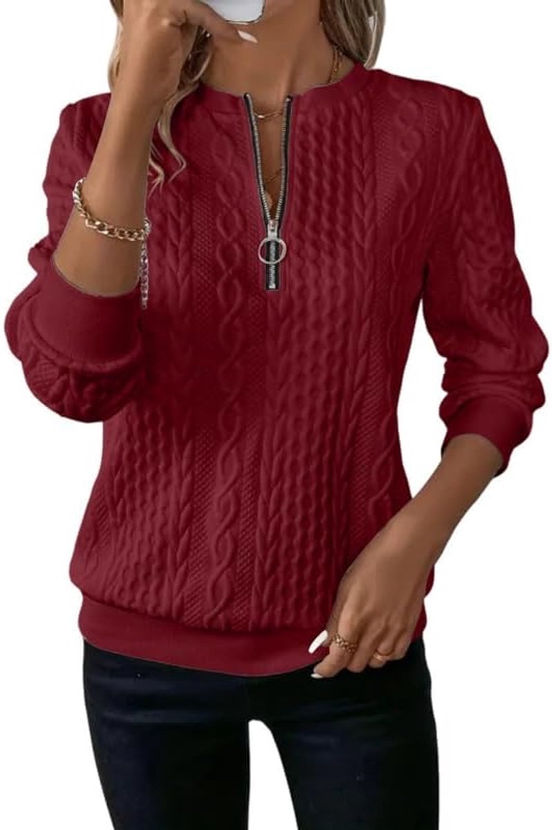Sweatshirt dames halve rits pullover met vlechtpatroon elegant shirt met lange mouwen basic sweatshirts zonder capuchon casual lange mouwen gebreid bovenstuk los sweatjack tuniek top warme