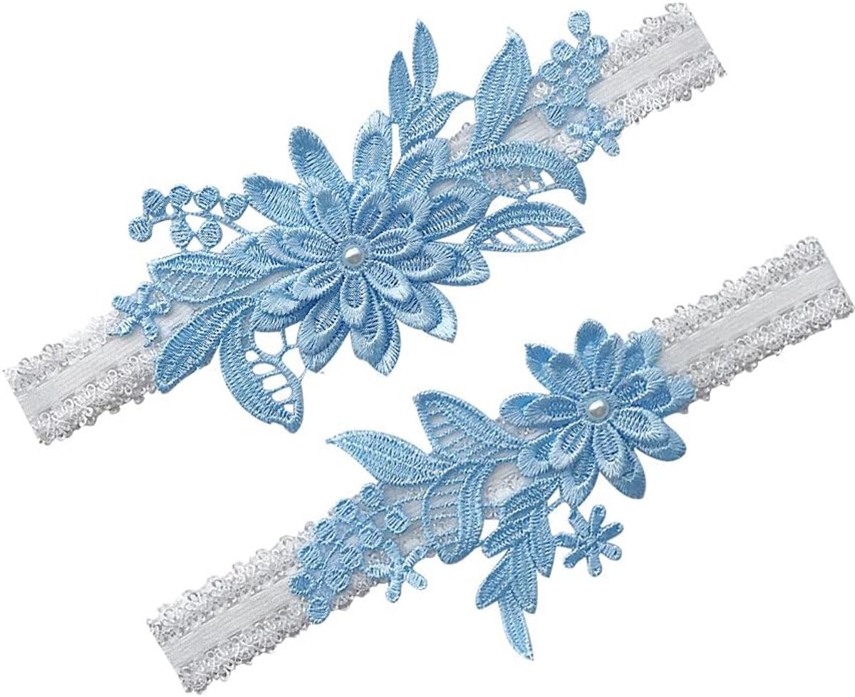 Kousenband Lichtblauwe Bloemen Kant Elastische Kousenband Geschikt voor Bruiden Bruidsmeisjes Bruiloften