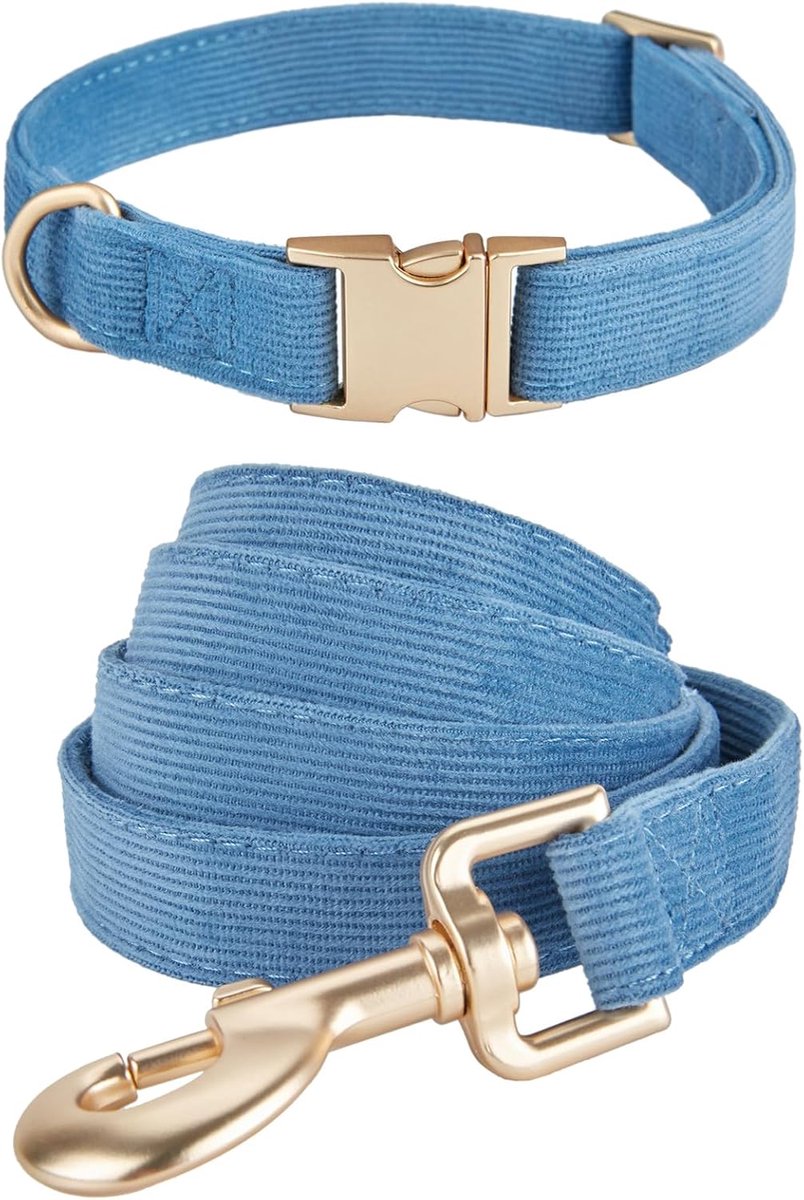 Set van halsband en lijn voor middelgrote honden, zachte halsband en riem van niet-irriterend corduroy, geschikte combinatie voor dagelijkse wandelingen, blauw