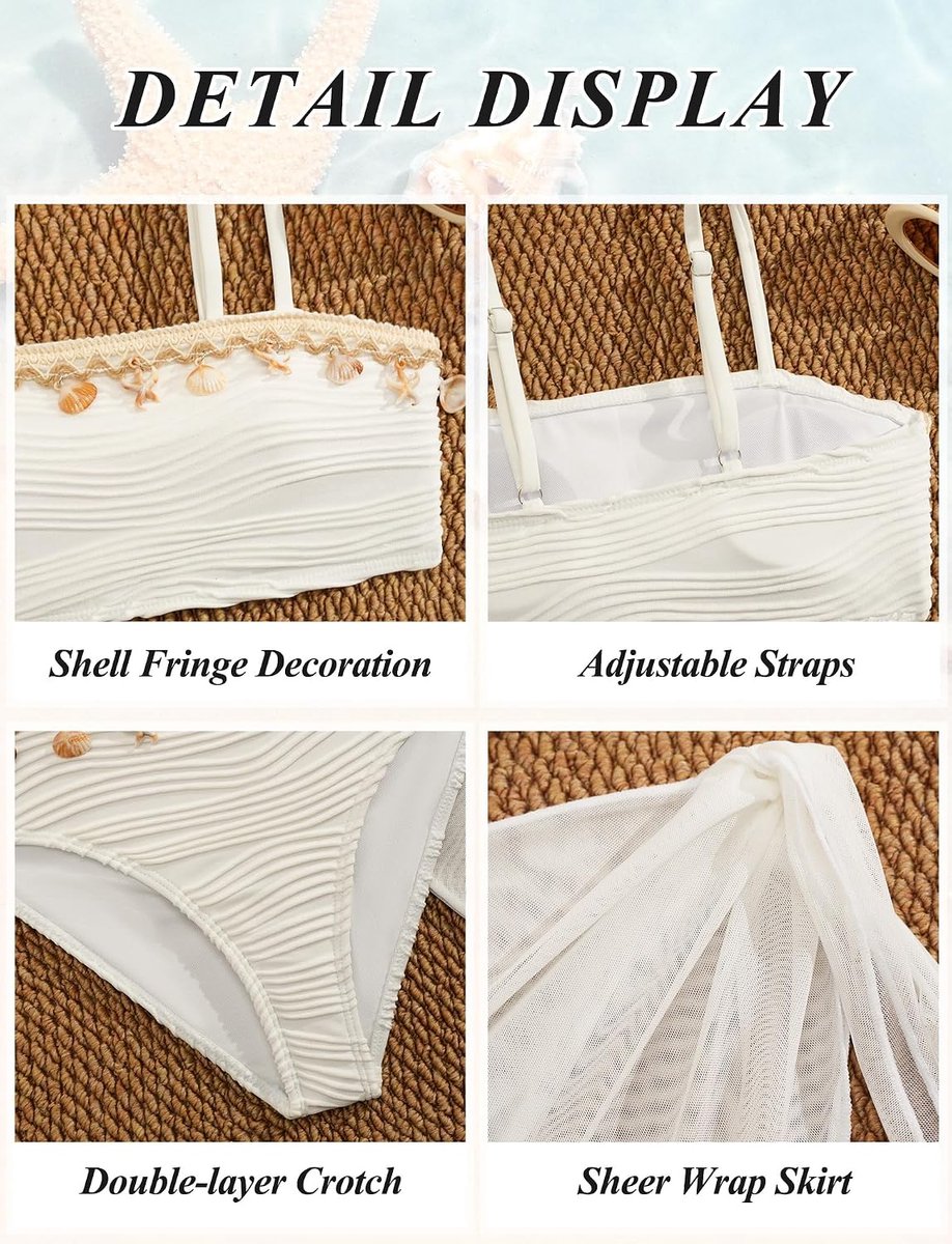 Badpak 3-delig voor kinderen meisjes 8-12 jaar, bikini top + slip + cover-up rok, badmode, schelp, strandkleding