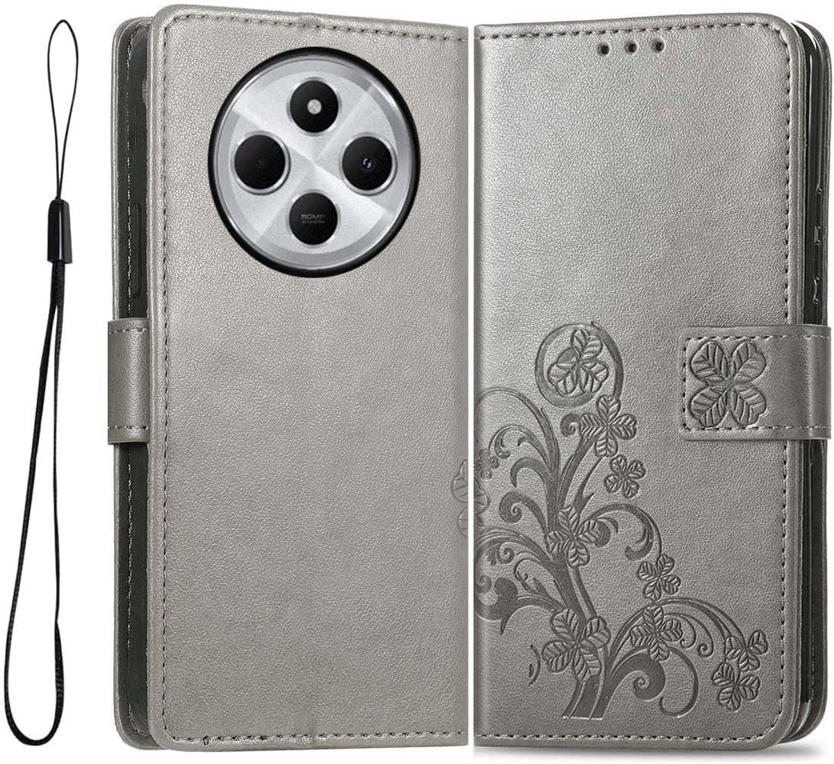 reliëf PU lederen Hoesje voor Xiaomi Redmi 14C 4G - Flip Book ontwerp met kaartsleuven en muntvak - standaardfunctie - magnetische sluiting, grijs