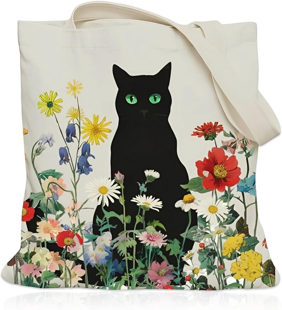 1 x draagtas van canvas, motief zwarte kat, herbruikbaar, robuust, voor winkelen en dagelijks gebruik, milieuvriendelijke handtas van katoen, veelzijdig, ideaal cadeau voor dames en meisjes
