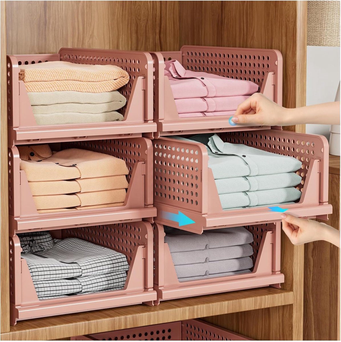 5 stuks stapelbare opbergdozen voor kast, multifunctionele en opvouwbare kastorganizer voor badkamer, keuken, wasruimte, kledingkast, ruimtebesparende kledingkastorganizer, roze