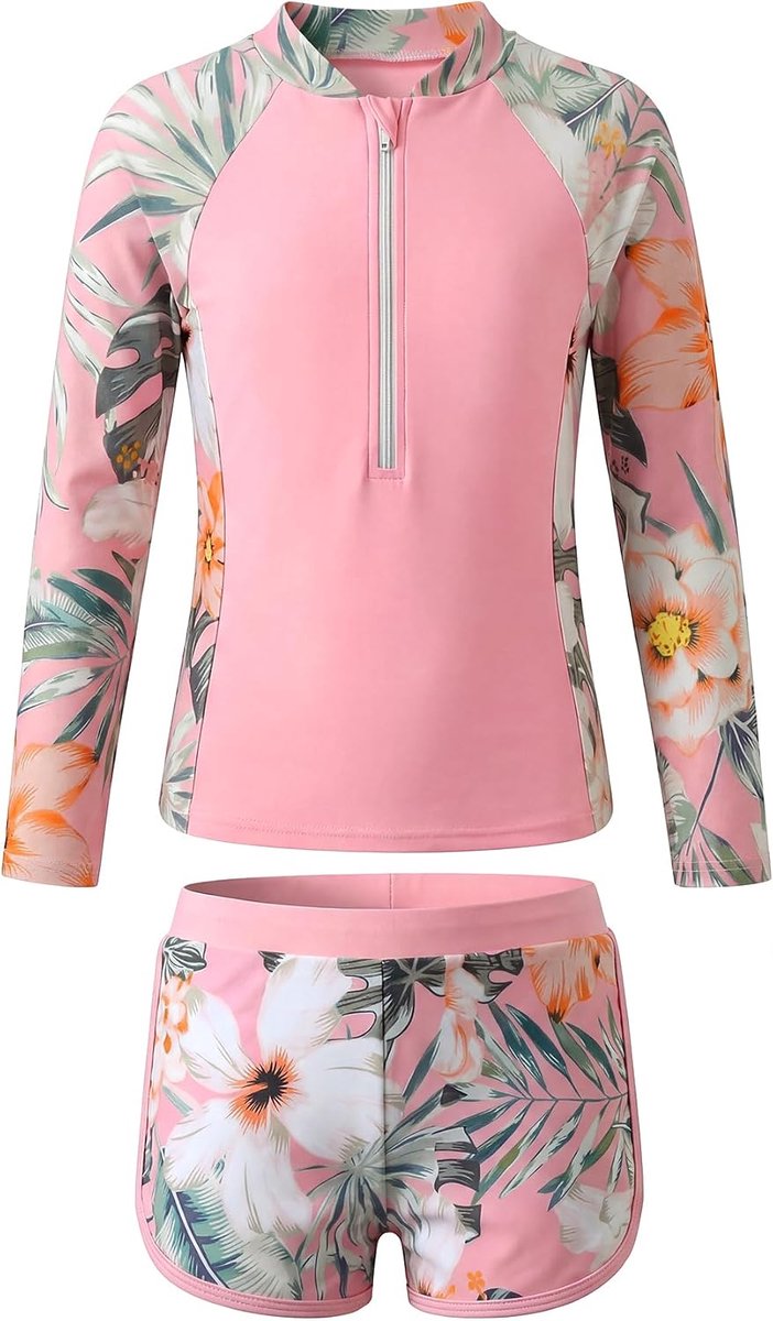 Zwempak Tweedelig Rashguard met Lange Mouwen en Voorgevormde Beha's Kinderzwempak met Zwemshort Sneldrogend Strand Surf en Zwemkleding met Bloemenprint voor Kinderen 5-14 Jaar