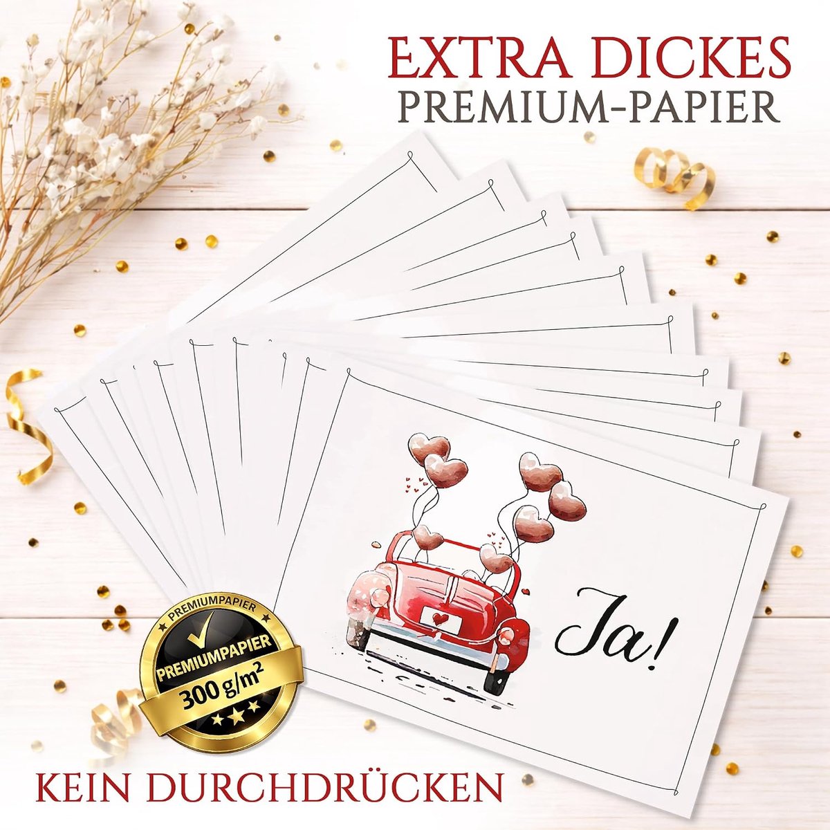 Colibri 10 uitnodigingskaarten bruiloft met envelop - uitnodigingskaart voor bruiloftsfeest, set, uitnodiging huwelijk, bruidspaar, liefde, trouwkaart, bruiloftsauto, A6