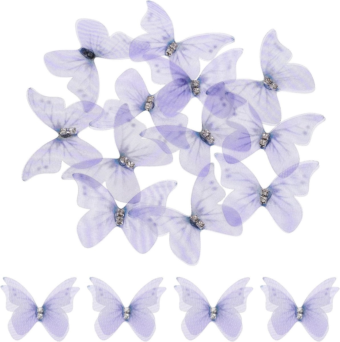 20 stuks vlinderapplicaties van tule, transparant, 40 mm, twee lagen, vlinders, met strass-applicatie, voor doe-het-zelf, 3D-decoratie voor bruiloft, feest, decoratie thuis, kleding, paars