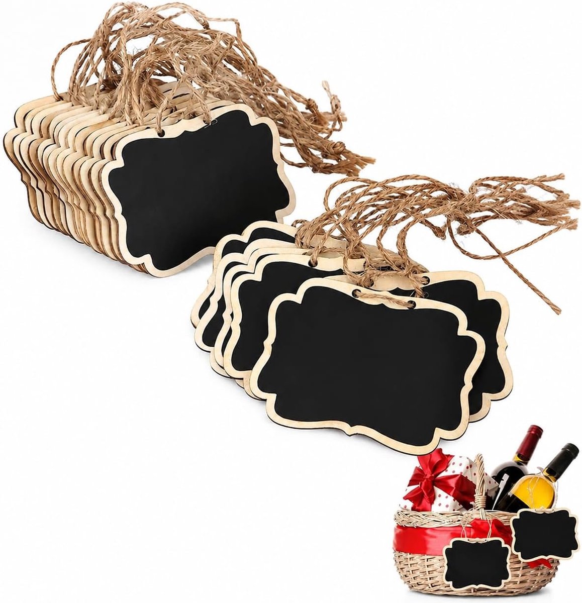 Mini zwart bordjes 12 stuks - houten krijtbord labels - met touwtje - decoratie voor bruiloft en feesten - ShopVlot