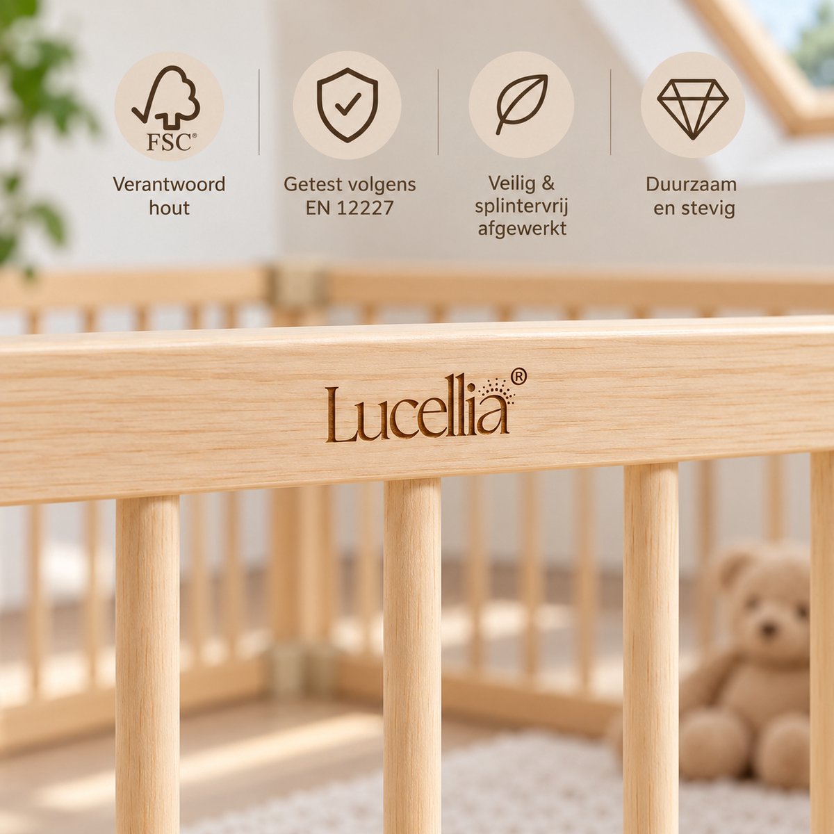 Lucellia® Houten Grondbox Baby XXL 180x200 cm – Vast Model Speelbox Hout – Kinderbox, Kruipbox, Playpen, Babypark & Baby Box – Prime Wood Beige – foto 6