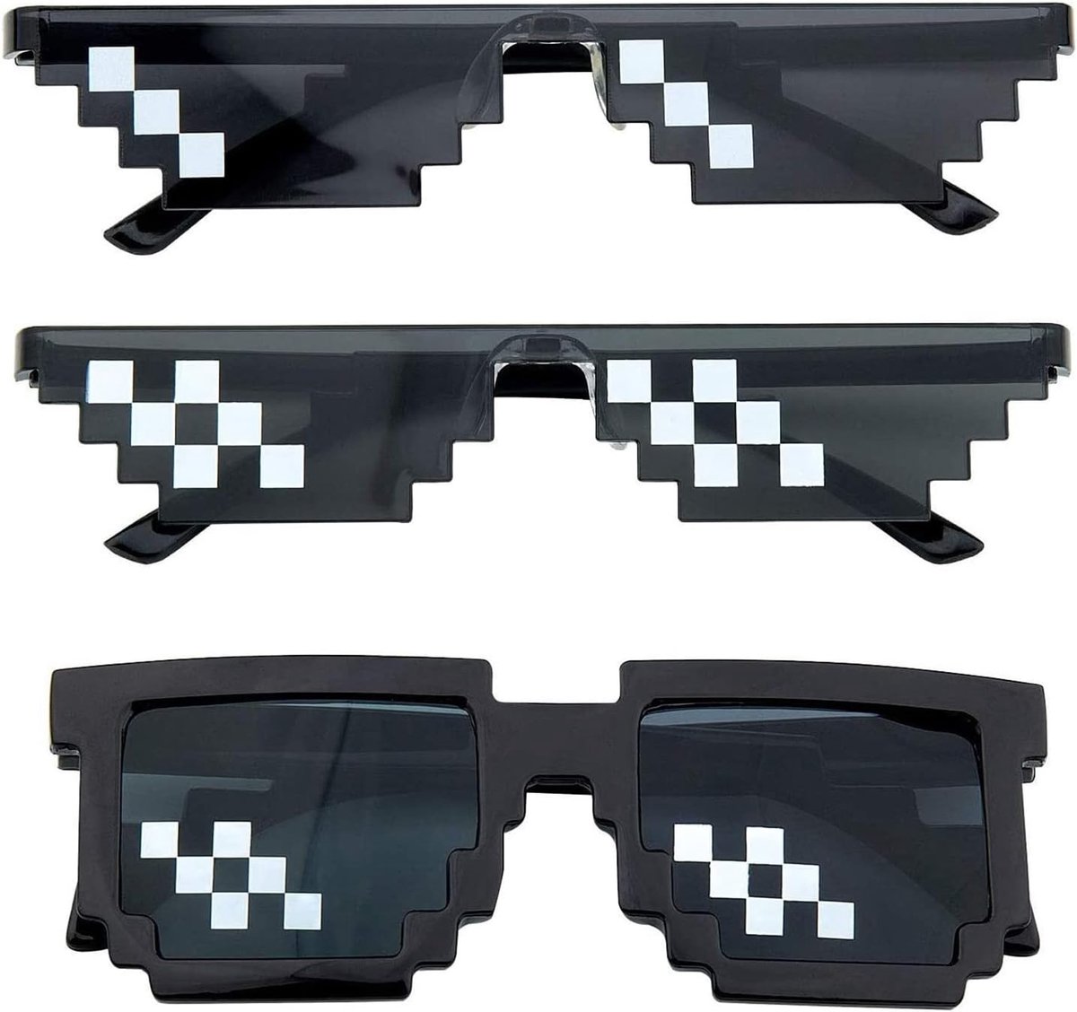 3-paar pixelmozaïekbril, Thug Life zonnebril, coole bril voor reizen, fotografie, themafeesten, concerten, festivals, zwart, 15,5 cm