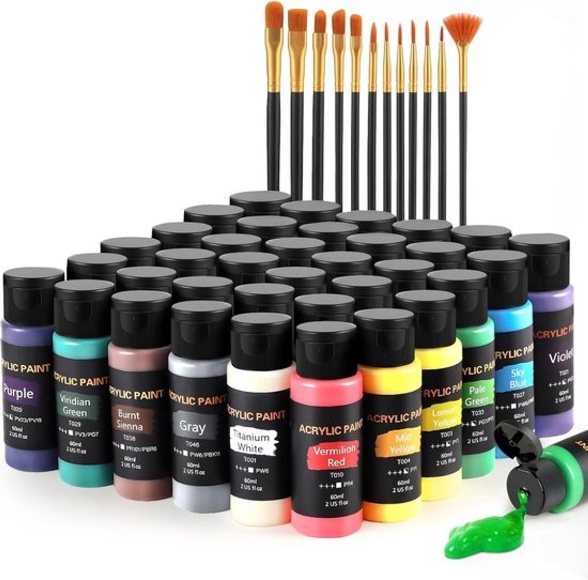 Acrylverf Set met 36 Kleuren en 12 Kwasten voor Canvas, Hout, Keramiek