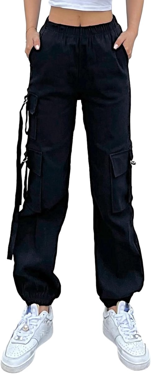 Elastische combat cargo broek voor dames, manchet, hoge taille, met bijpassende riem, joggers broek