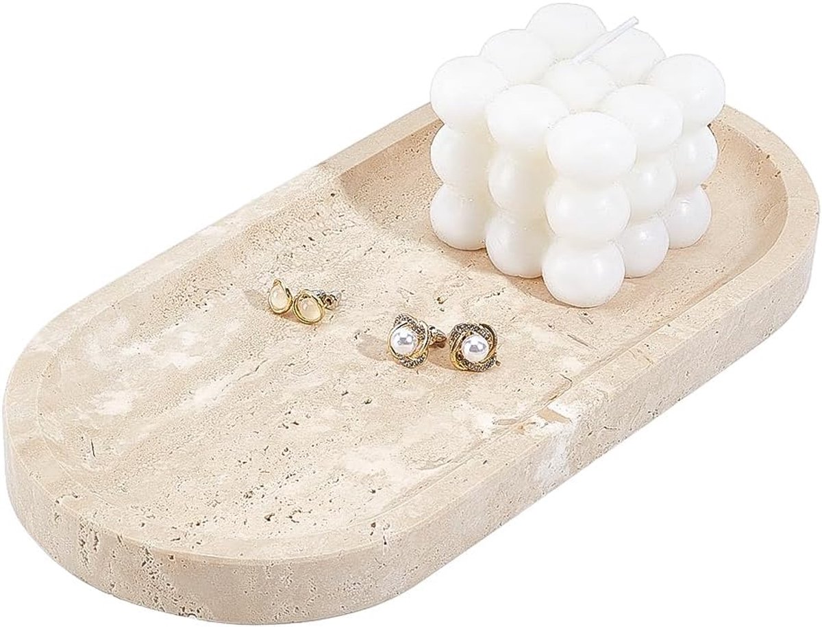 12x25cm Marmeren Dienblad, Travertijn Stenen Dienblad met Anti-Slip Sticker Vanity Sieraden Organizer voor Parfum Kaars Houder Badkamer Aanrecht Decor, Ovaal, PapayaWhip