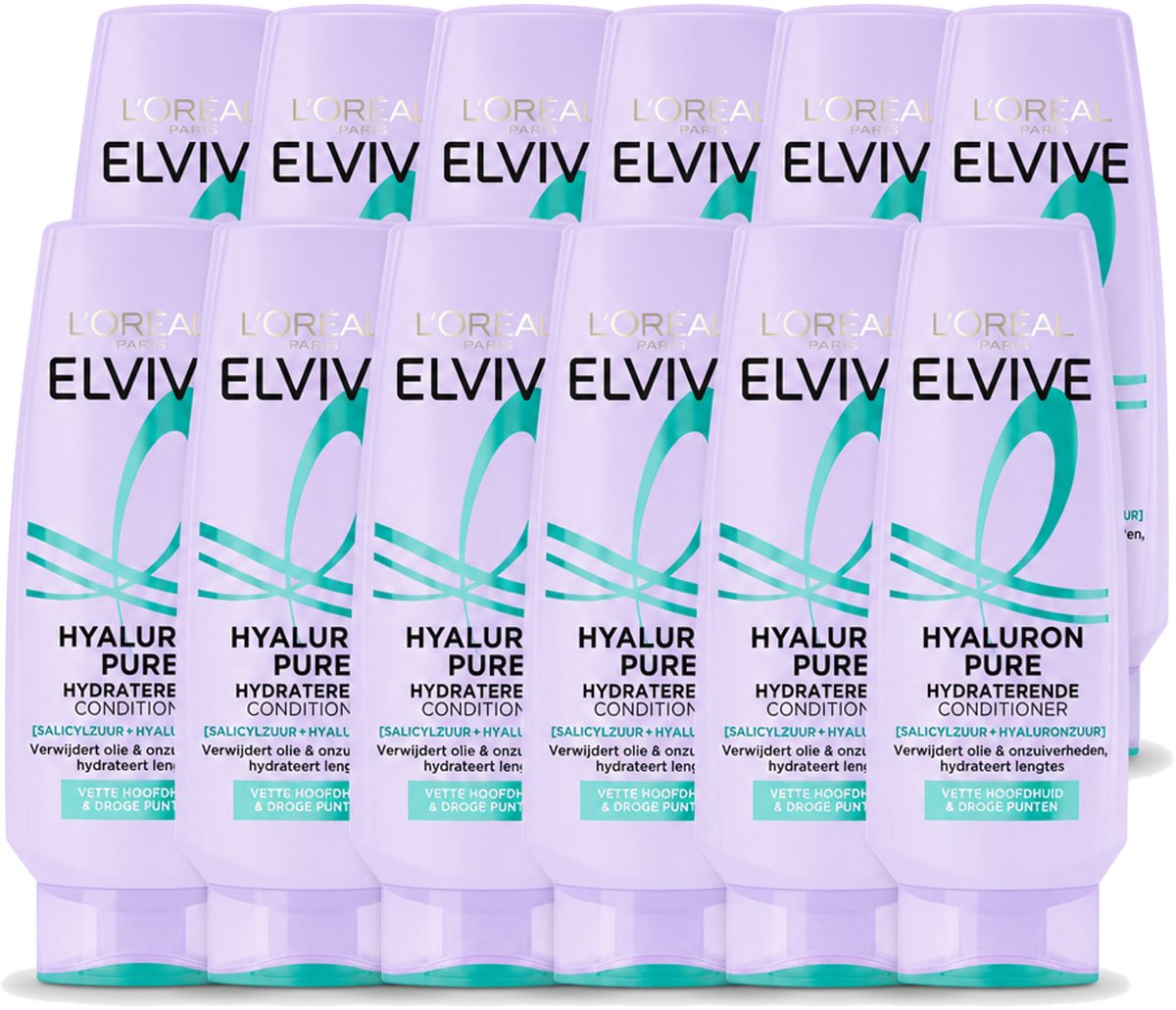 12 x L’Oréal Paris Elvive – Conditioner – Hyaluron Pure – Vette Hoofdhuid & Droge Punten – 200 ml - Voordeelverpakking - 12 stuks