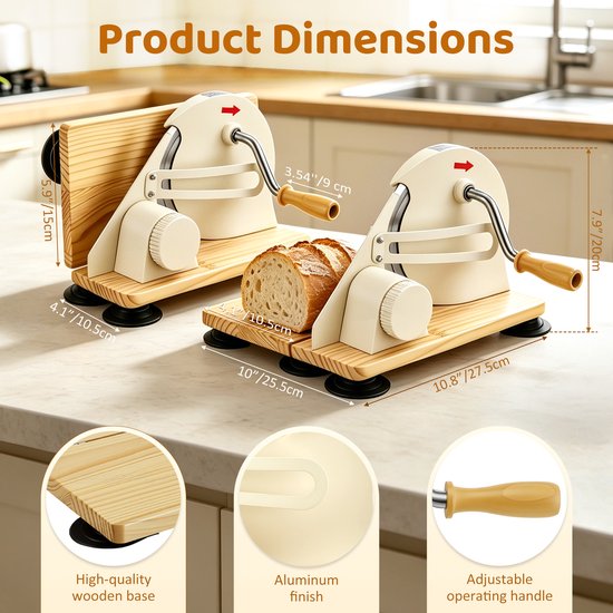 CINK & Co Handmatige broodsnijmachine met handkruk - Instelbare snijdikte - Inklapbare broodsnijder met RVS snijgereedschap - Beige — afbeelding 3
