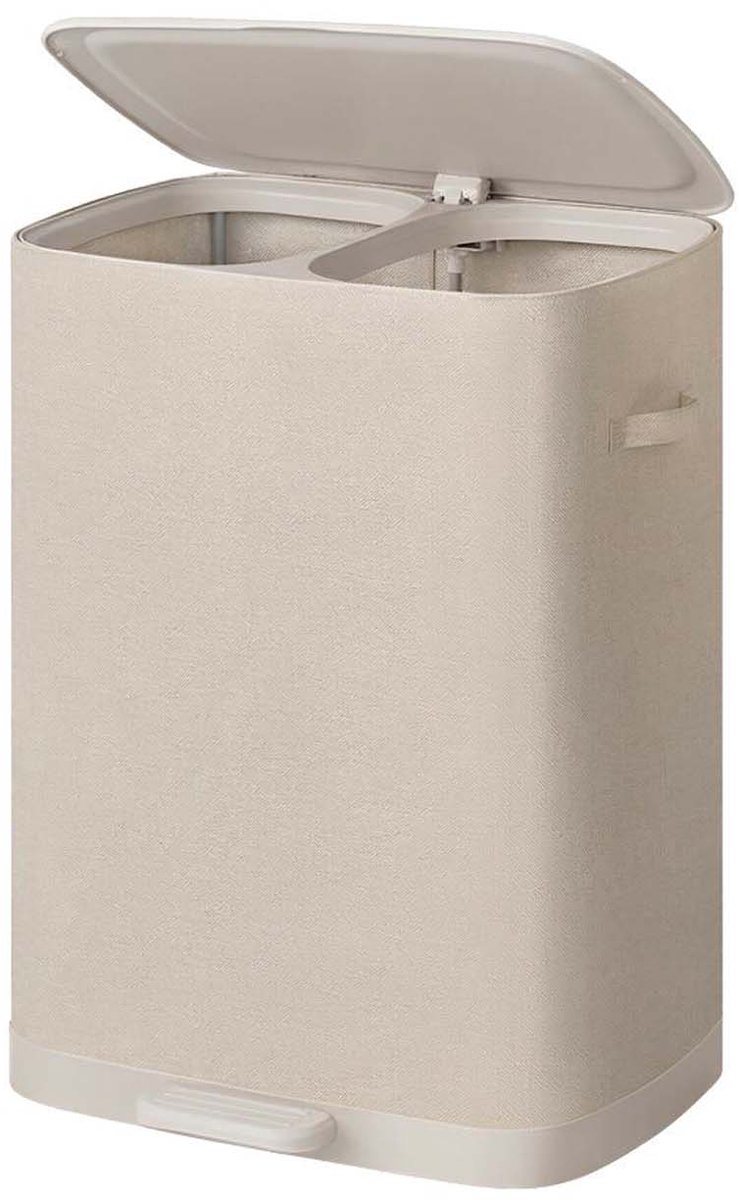 Wasmand Wasgoedverdeler 56 x 47 x 75 cm Beige Grote inhoud van 160 liter Ontwerp met twee gescheiden vakken Met deksel+afneembare binnenzakken+handvat Opvouwbare structuur Draagvermogen 20 kg Geschikt voor wasruimte slaapkamer en badkamer