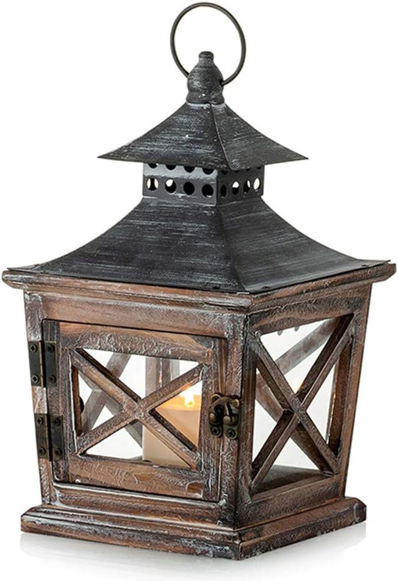 Dailygoods- Kaarslantaarn Decoratief - Houten Lantaarn - 39cm Hoogte - 3 Stuks - Ophangring - Ideaal voor Feestdagen