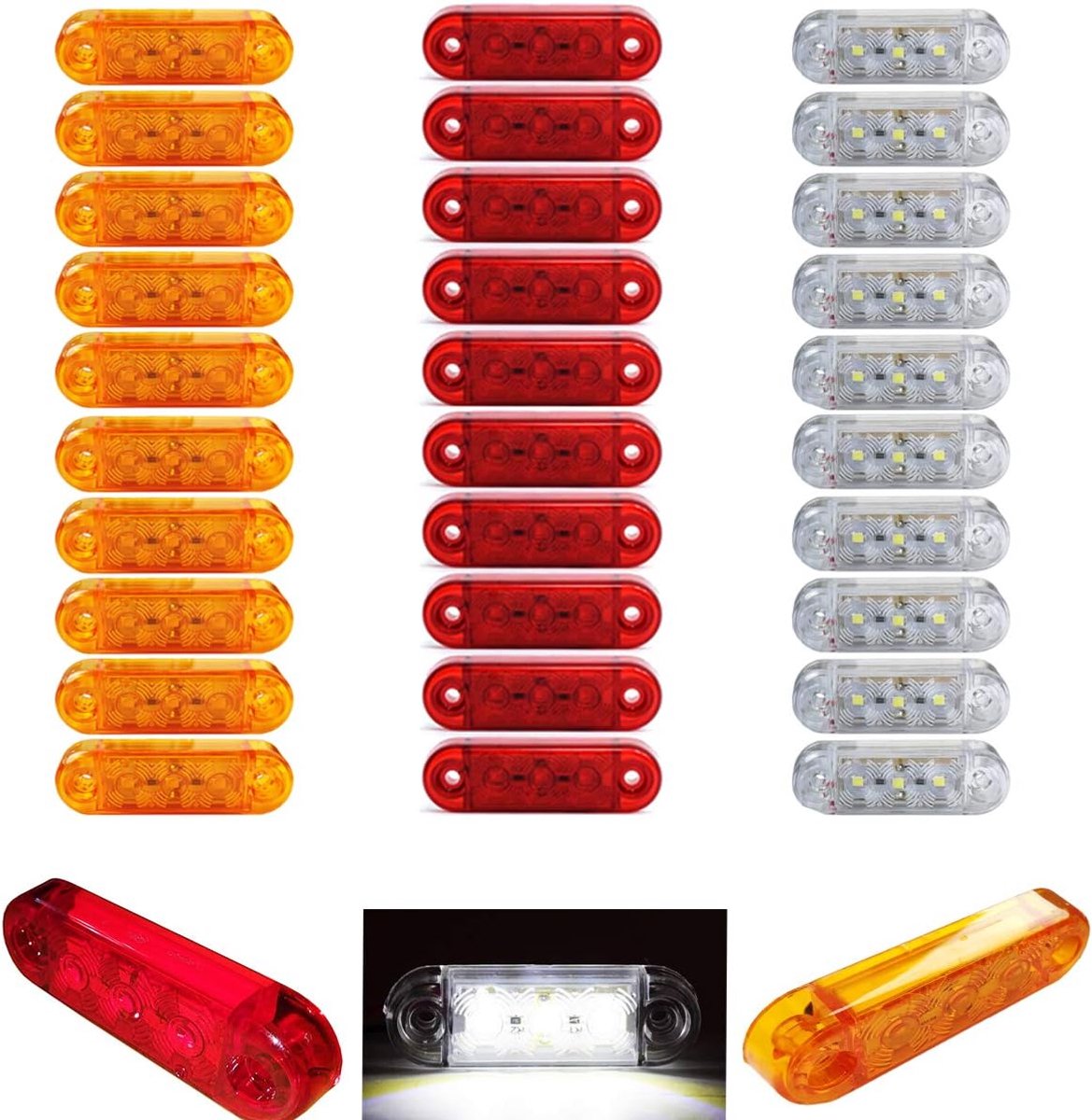 30 stuks LED-lampen, positielampen, LED, 3 SMD-leds, geel, rood, wit, afmetingen: 65 mm L x 20 mm H x 10 mm D