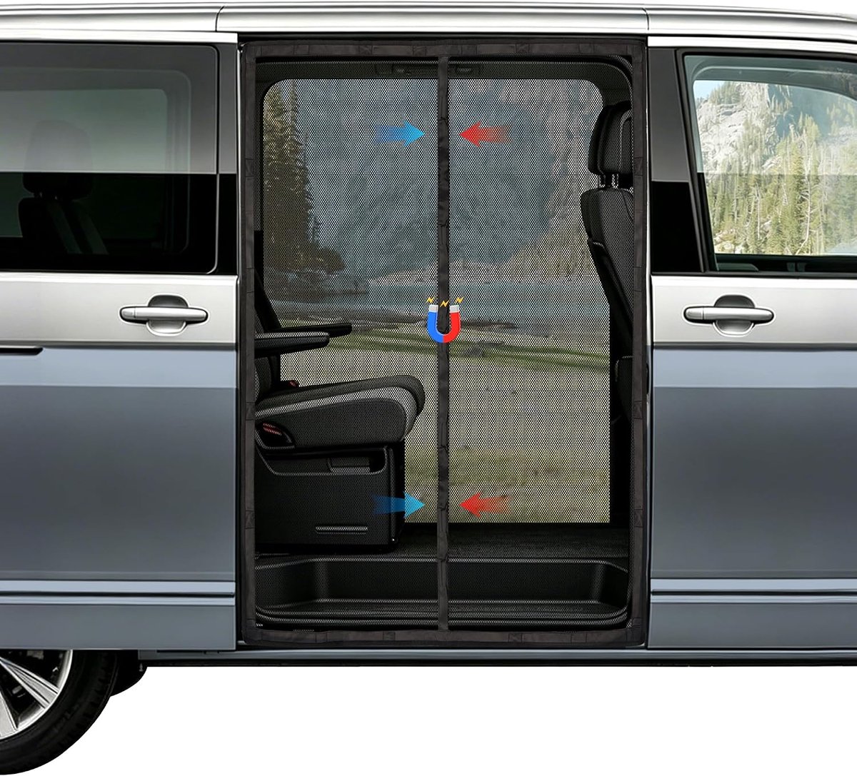 Muggennet voor VW T5 T6 zijdeur, automatische middenmagneetsluiting, 122 g/m² polyester met hoge dichtheid, 1 mm maas, insectenbescherming voor camping, outdoor, met opbergtas