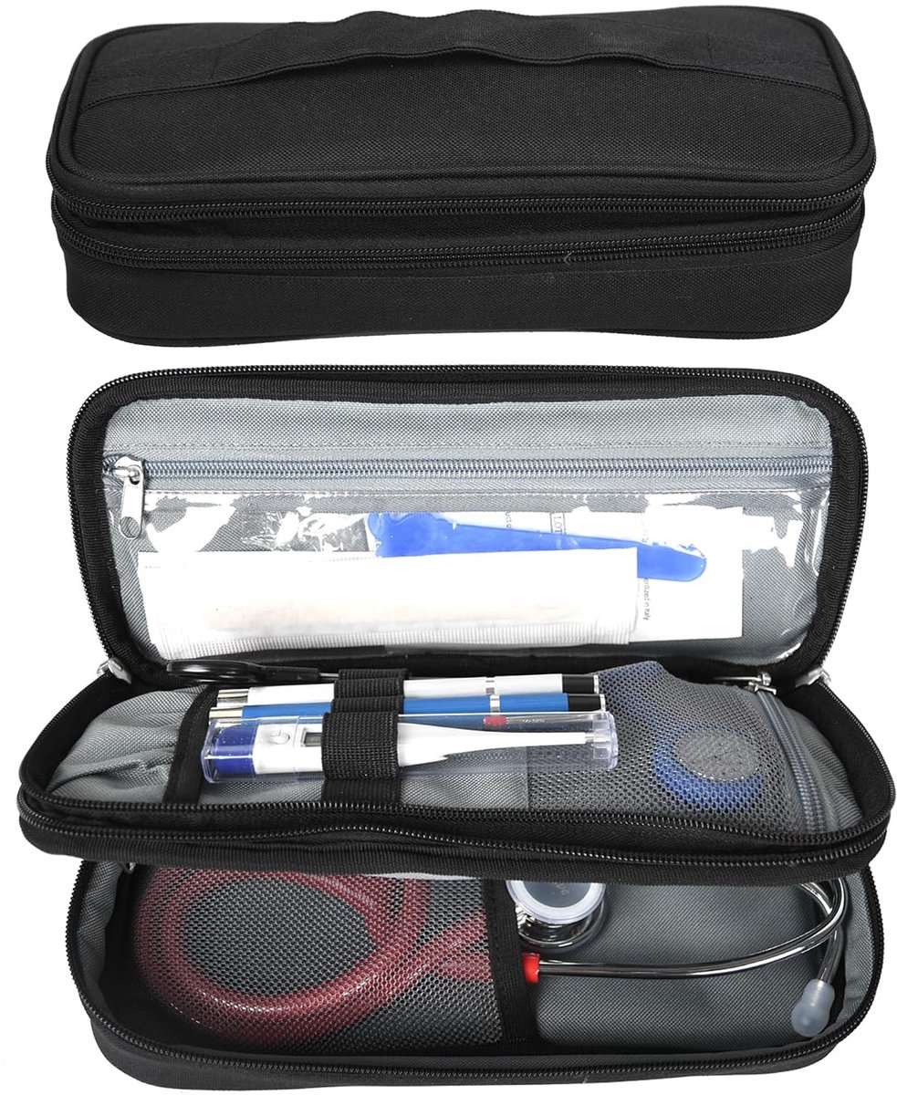 Multifunctioneel etui met binnenindeling, twee praktische vakken, elastische tas, transparante tas, netvak, 6 elastische ringen, voor artsen en verpleegsters, zwart