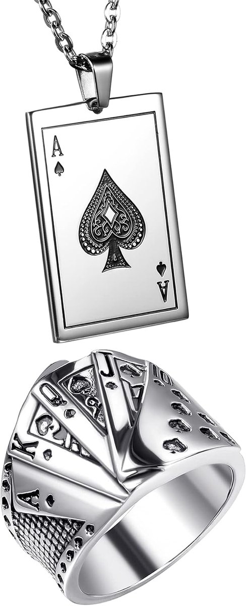 Herenketting bandring zegelring herenketting ring hanger sieradenset met Pik-Ass speelkaart Royal Flush Poker kaarten zilver