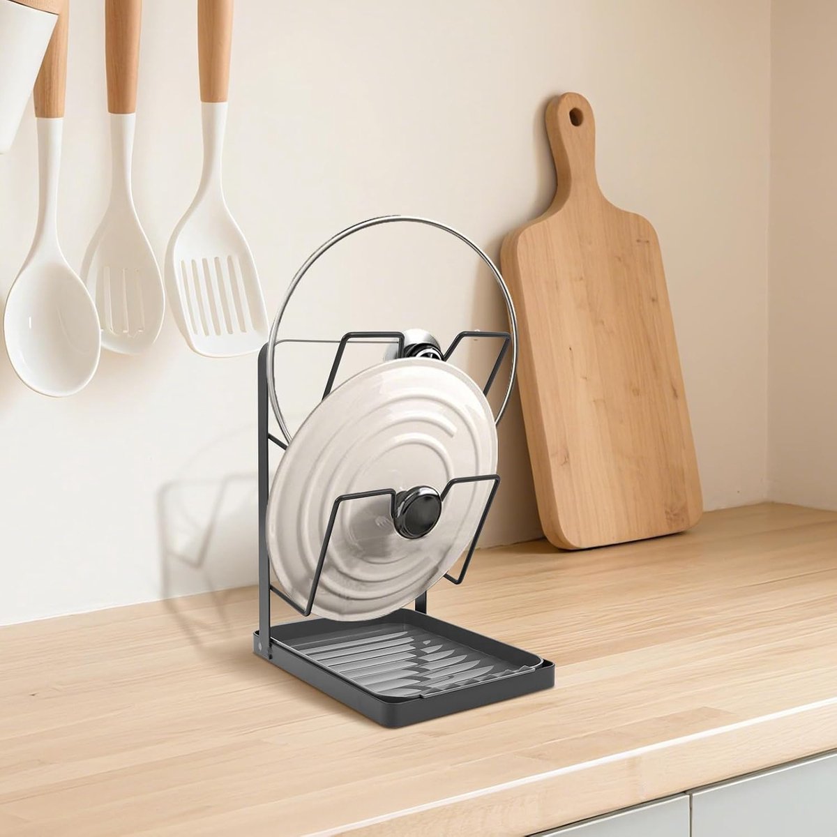 Dubbellaagse uitvoering, pannendekselhouder met afneembare lekbak voor kooklepel en spatel, ruimtebesparend in schoon, keukenorganizer (grijs, stijl 1, 1 stuks)
