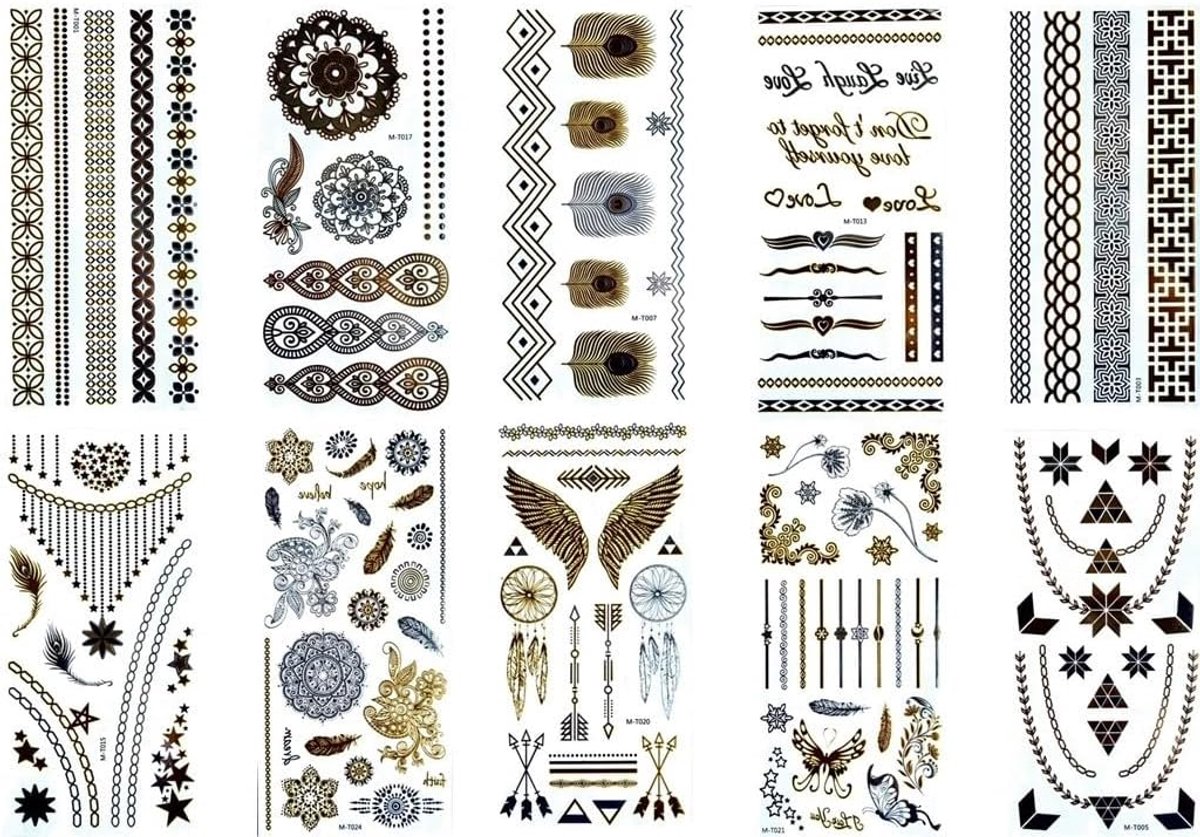 Tijdelijke veertatoeages, armband, tatoeages goud en zilver, metallic tatoeages, flash tatoeages, set 2