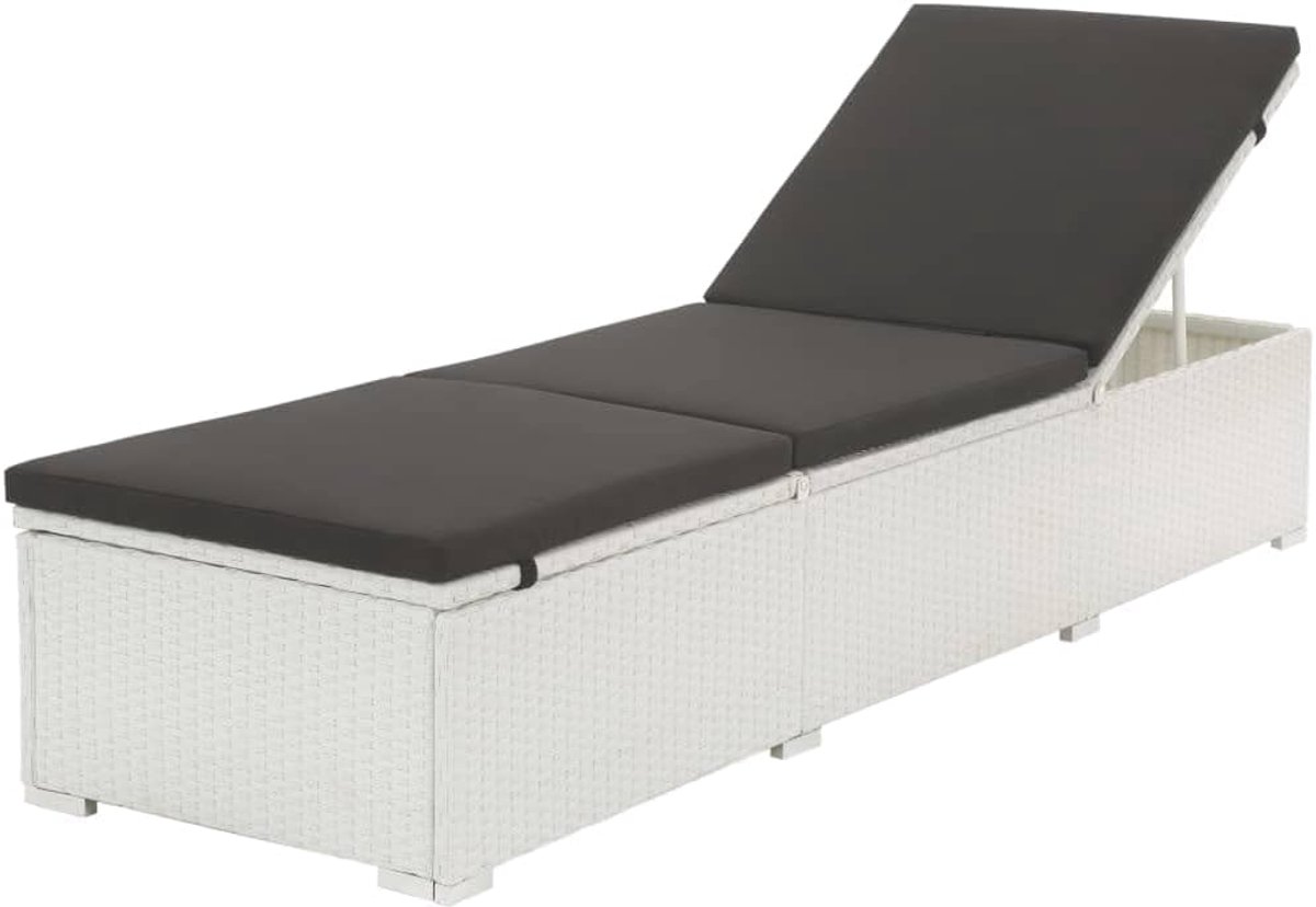 Zonneligstoel met kussen, polyrotan, wit, outdoor, tuinstoel, vrijetijdsligstoel, tuin, zwembadligstoel, geschikt voor tuin, terras, achtertuin, zwembadzijde
