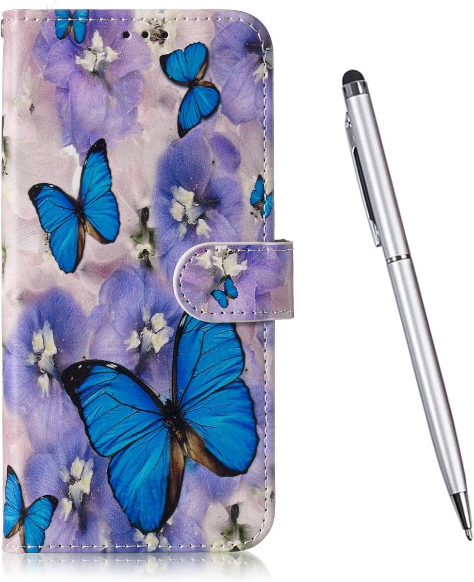 Hoesje voor Samsung Galaxy A7 2018, premium PU-lederen flip portemonnee modieuze full body kleurrijke olieverfschilderij hoesje (blauwe vlinder)