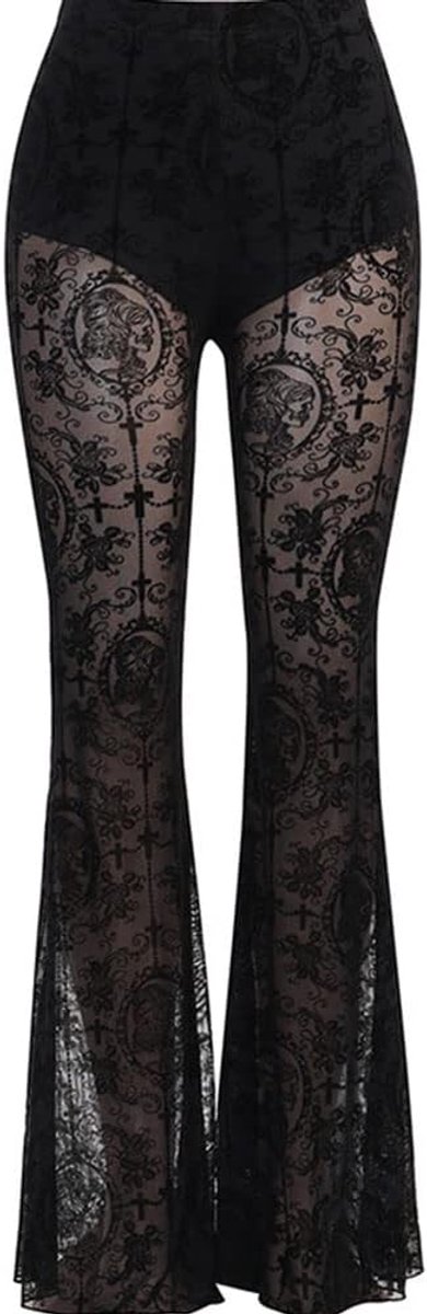 Broek Bell Bottom Broek Kant Flare Leggings Effen Geplooide Hoge Taille Sheer Mesh Goth Punk Hippie Hollow Out