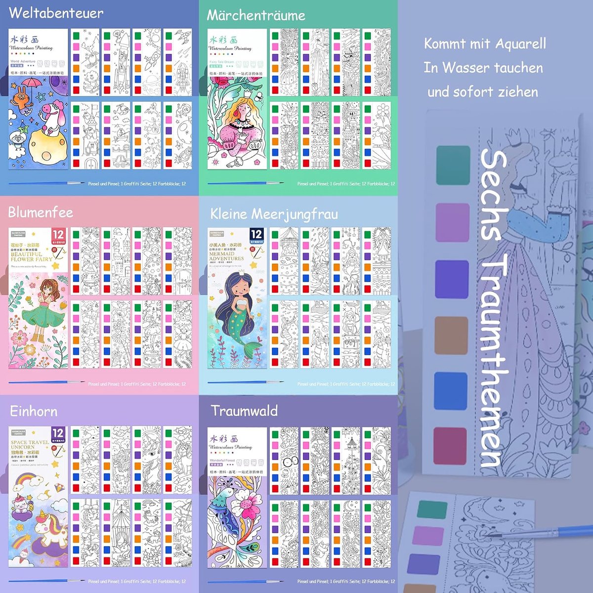 6 stuks schilderen met waterboeken voor peuters, aquarelkleurboek voor tas, aquarelboek, mini-Magi-boeken om in te kleuren, met aquarelpalet