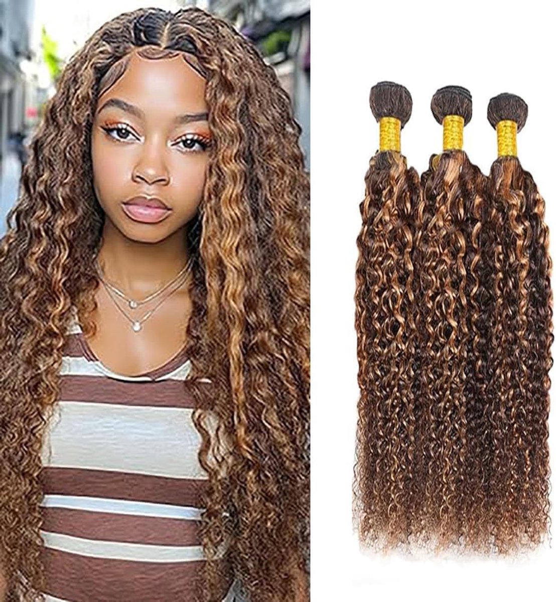Wave Human Hair Bundles Unprocessed Human Hair Extensions Double Weft Highlight Brown P4/30 Color Weave 3 Bundles 50g/Piece for Woman 16 18 20 Inch