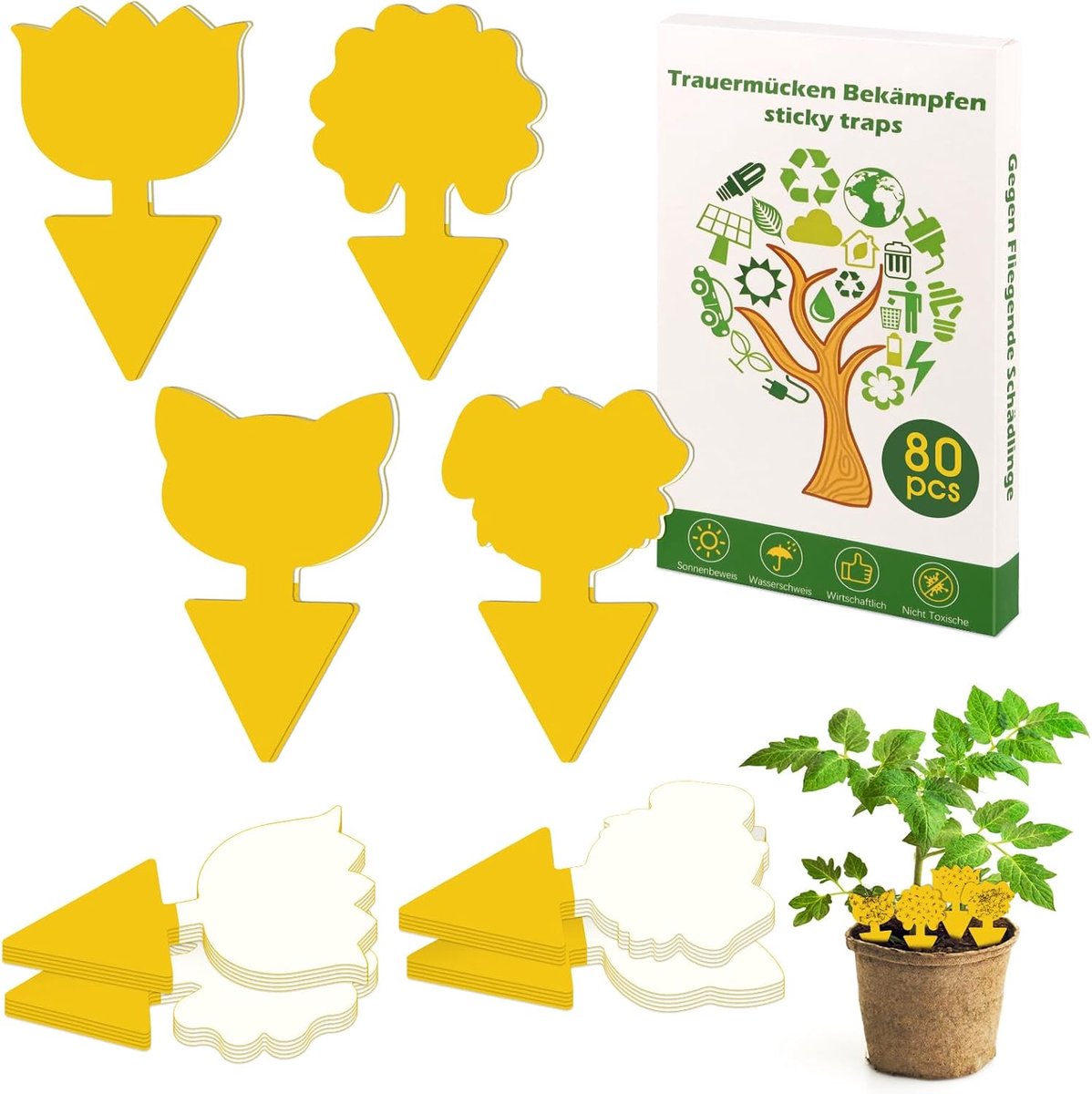 80 stuks rouwmuggen bestrijden, gele stickers, rouwmuggen, zelfklevende vallen tegen rouwmuggen voor kamerplanten, vliegenval, bloempot, veilig, geurloos, voor binnen en buiten