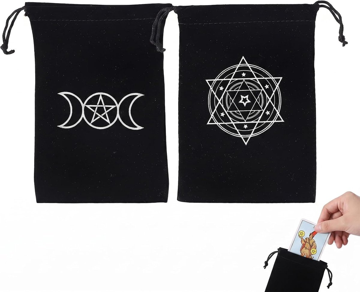 2 paar tarotzakken van fluweel, opbergtas voor tarotkaarten, houder voor metatrondobbelstenen, runen met koorden, grote verpakking voor tarotkaarten, sieraden, kristallen dobbelstenen, zwart