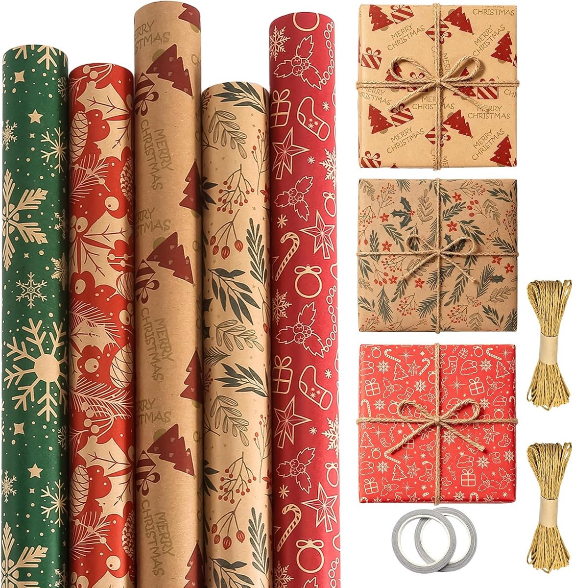 Cadeaupapier, kraftpapier, feestelijke motieven, 43 cm x 3 m