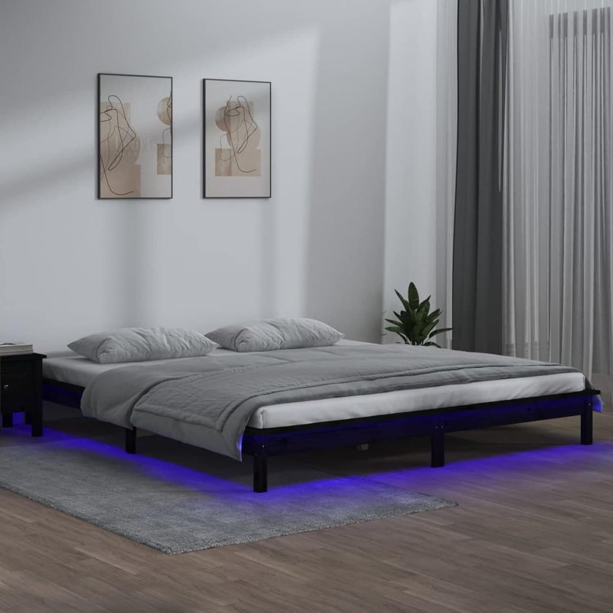 J820645 Bedframe met LED, zwart, 120 x 190 cm, Small Double massief hout, structuur, frame, bed, bedframe, eenpersoonsbed, tweepersoonsbed, bedframe, modern, bed met lattenbodem, J820645