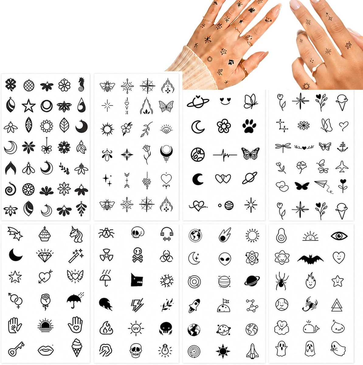 Set van 8 semi-permanente tatoeages, authentieke tatoeages voor vrouwen en mannen, ideaal voor armen, polsen en enkels, duurzame tijdelijke tatoeages voor carnaval, Halloween en dagelijks