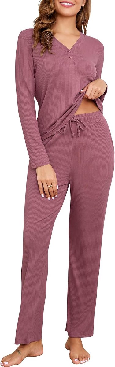 Pyjama voor dames, lang, pyjamaset, winter, tweedelig huispak, katoen, ribben, effen, loungewear, behaaglijke nachtkleding, warm, geribbeld, slaapkleding, vrijetijdsoutfit, 2-delige set