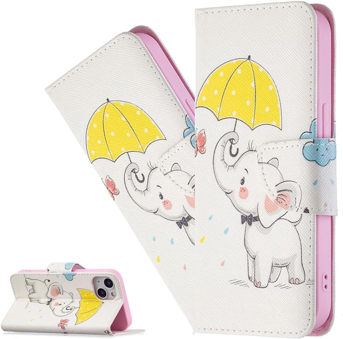 IPhone 15 6,1 inch telefoonhoesje, iPhone 15 hoesje schokbestendig schattig Umrella olifant PU-lederen flip portemonneehoesje met magnetische standaard en kaartsleuf, folio hoesje voor