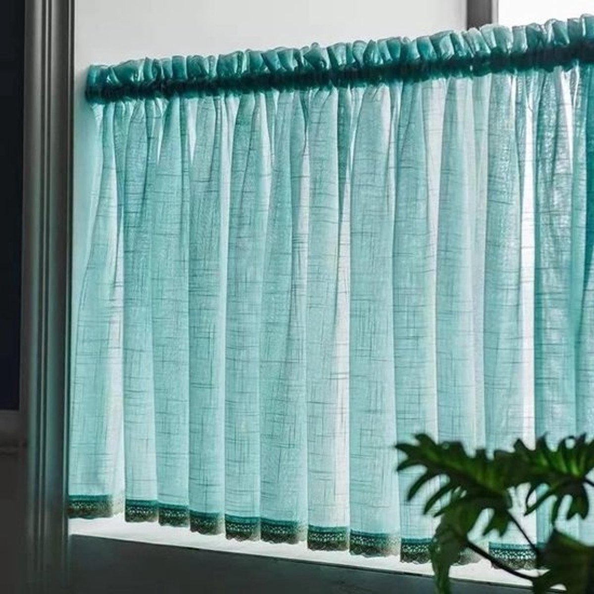 Korte Gordijnen - Bistro Gordijn Keuken - Raamdecoratie - Linnenlook Semi-Transparant - 150 x 40 cm - Turquoise