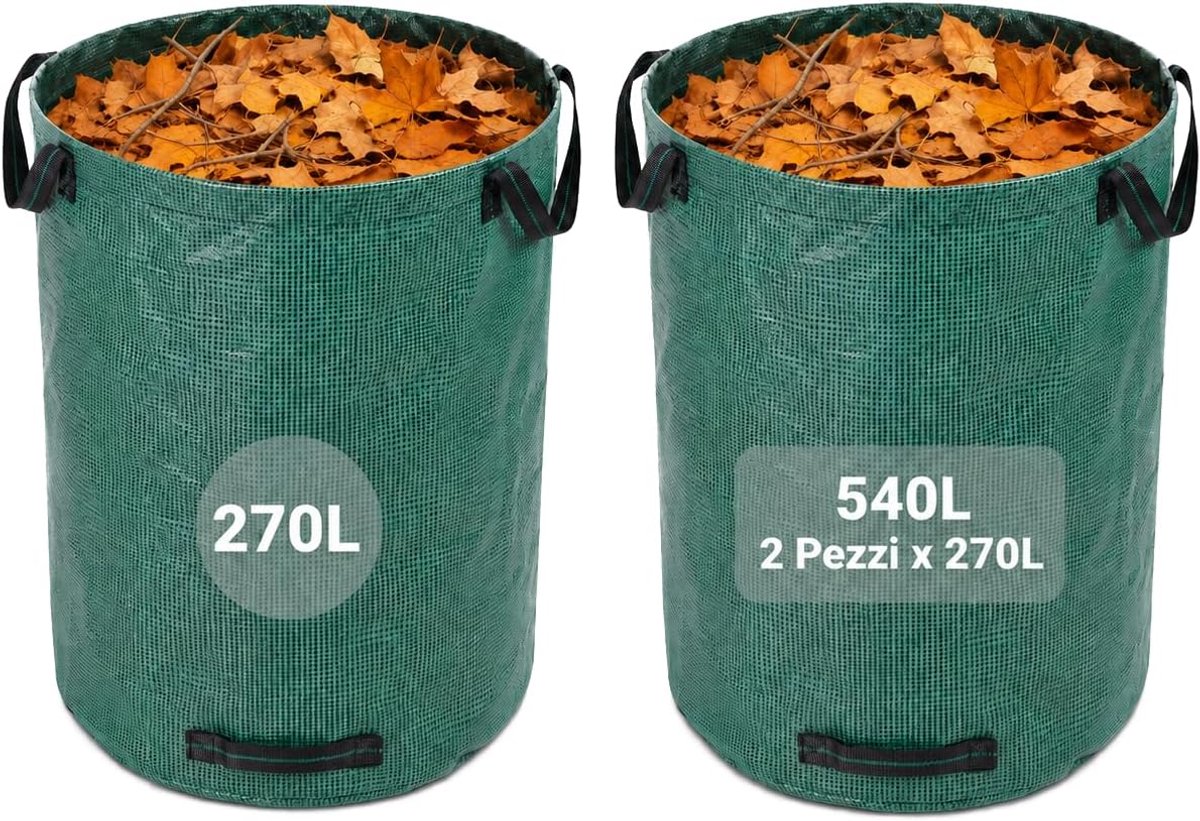 Tuinafvalzakken – 270 l – polypropyleen 150 g/m² met 4 handgrepen en versterkte ring – Ø 67 × H 75 cm – scheurvaste naden voor bladeren, gras en snoeien