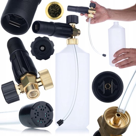 Set S0401 schuimsproeier 1000 ml + adapter - 1/4 inch F mondstuk 1,23 mm - 220 bar, 60 °C - voor Lavor hogedrukreiniger - messing en kunststof - autoverzorgingsaccessoires — afbeelding 2