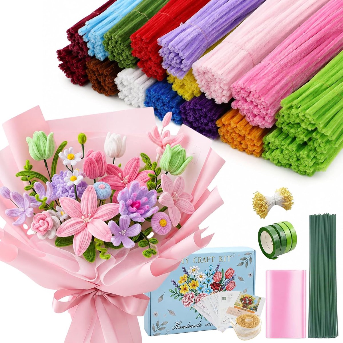 1000 Pijpenragers Bloemen Set, 18 Kleuren Pijpenragers voor Knutselen met Handleiding – Compleet Chenille Draad Set voor DIY Bloemen, Feestdecoratie en Creatief Cadeau