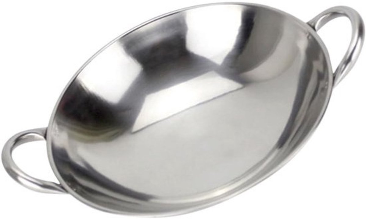 Ronde Bodem Wokpan - Kleine Keukenpan - Hotpot Bereiden - Dubbel Handvat - 25 cm - Zilver