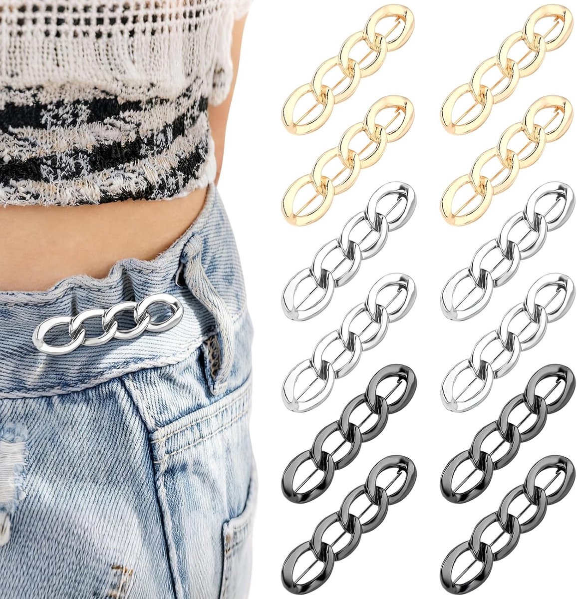 12 stuks broek strakker maken clip, verstelbare tailleclip, verstelbare tailleknoop in 3 kleuren, taillestrakker clip, broek strakker maken clip voor damesjeans, broeken en rokken (goud/zilver/zwart)